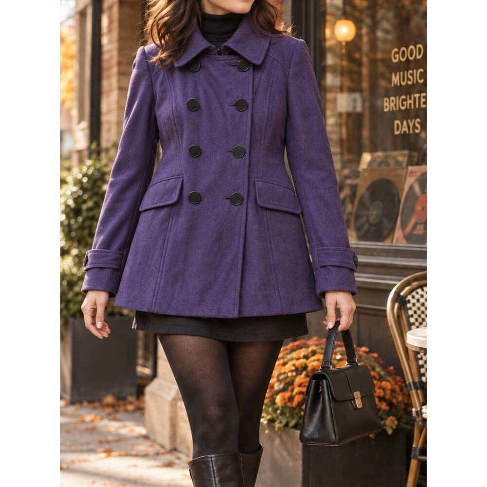 Purple Wool-Blend Double-Breasted Peacoat S Jacket Funnelneck Short Royalcore Li